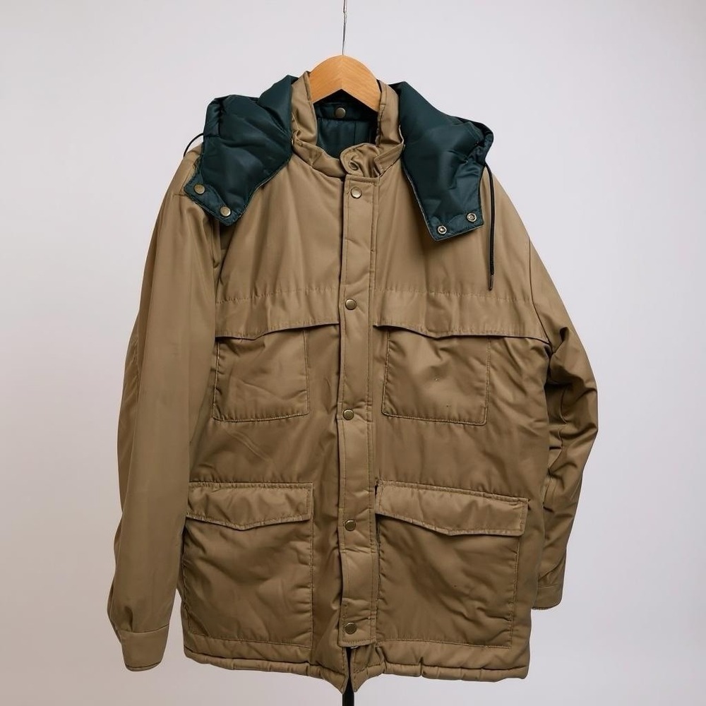 Vtg 70s/80s Fieldmaster Reversible‎ Tan Green Utility Parka Hooded Buttons Sz L